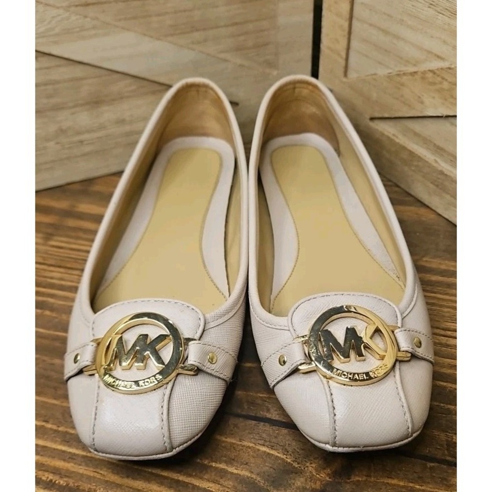 Michael Kors Sz 7.5 Blush Leather Fulton Moccasin Ballet Flats Gold MK Logo #437 - Picture 2 of 8